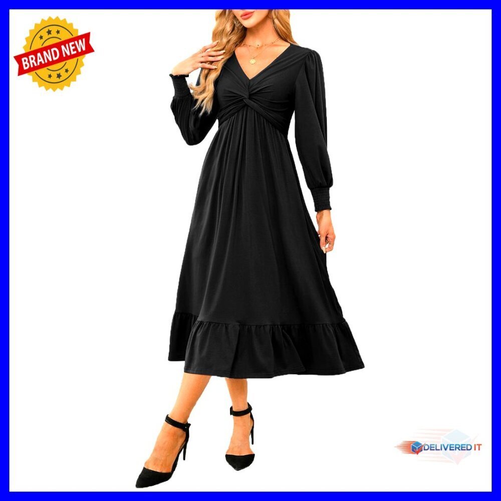 Wrap V-Neck Long Sleeve Empire Waist Midi Maxi Dress Ruched Flowy A-Line